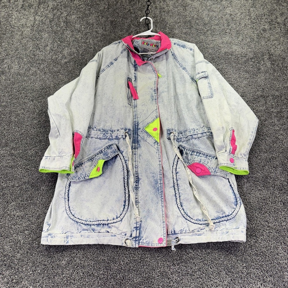Vintage East West Coat Womens 18/20 Blue Denim Anorak Acid Wash Neon Trim 80s